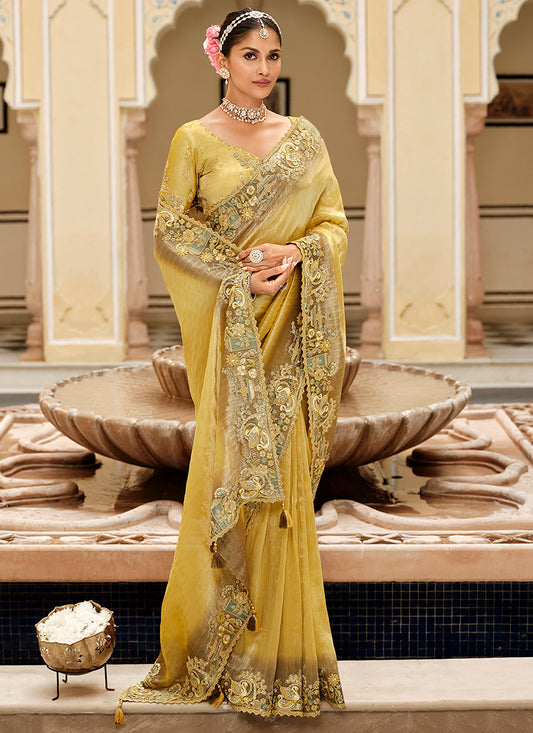 Viscose Jacquard Silk Mustard Yellow Bridal Saree with Heavy Embroidery Work for Bridal Wear 384776