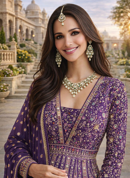 Purple Georgette Embroidery Work Wedding Wear Readymade Anarkali Suit SW517186