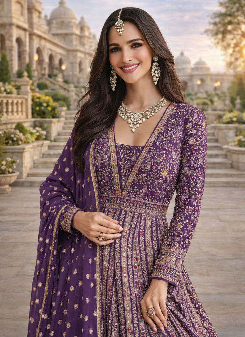 Purple Georgette Embroidery Work Wedding Wear Readymade Anarkali Suit SW517186