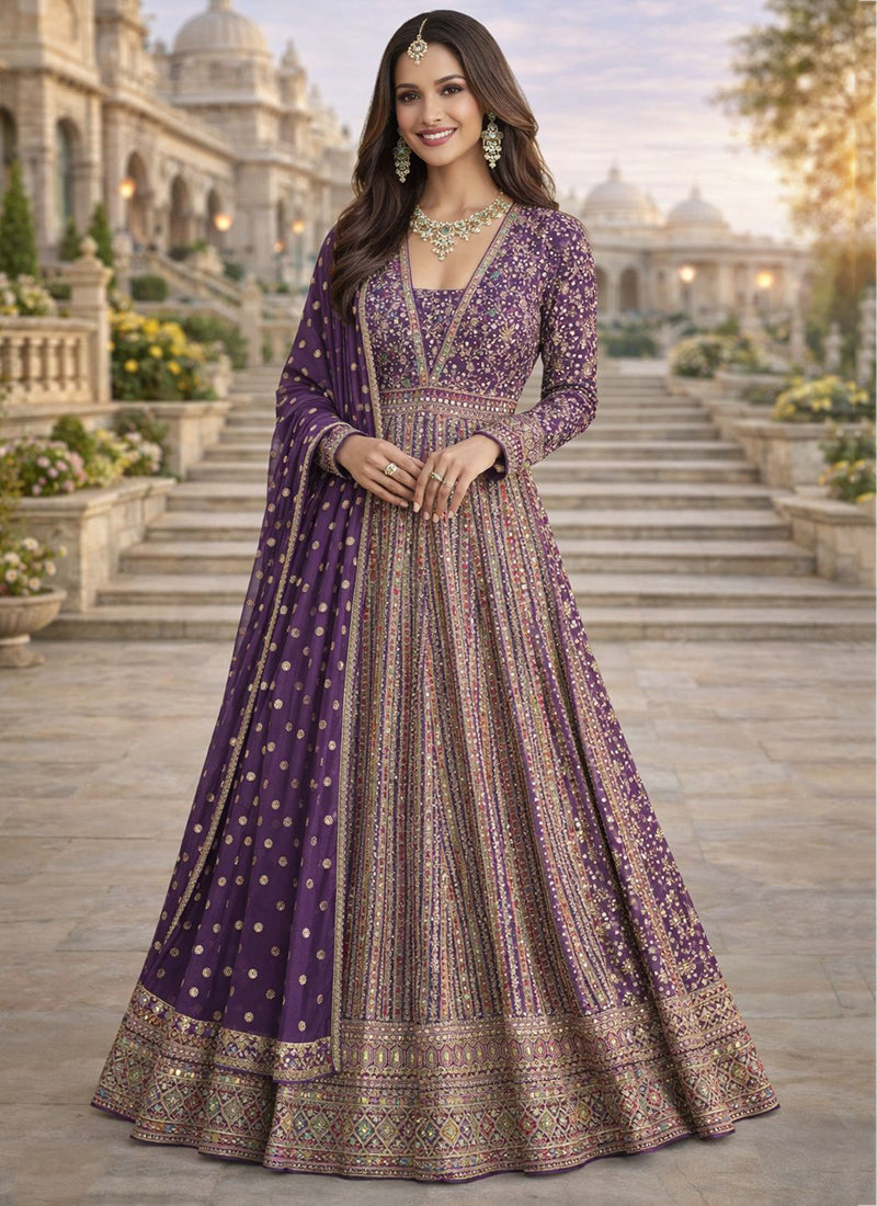 Purple Georgette Embroidery Work Wedding Wear Readymade Anarkali Suit SW517186