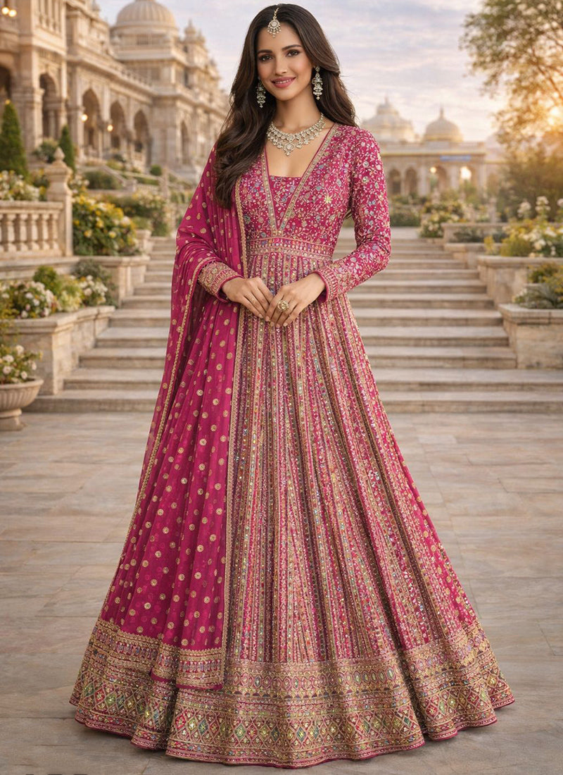 Rani Pink Georgette Embroidery Work Wedding Wear Readymade Anarkali Suit SW790399