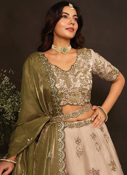 Olive Silk Embroidery Work Festive Wear Lehenga Choli SW406050