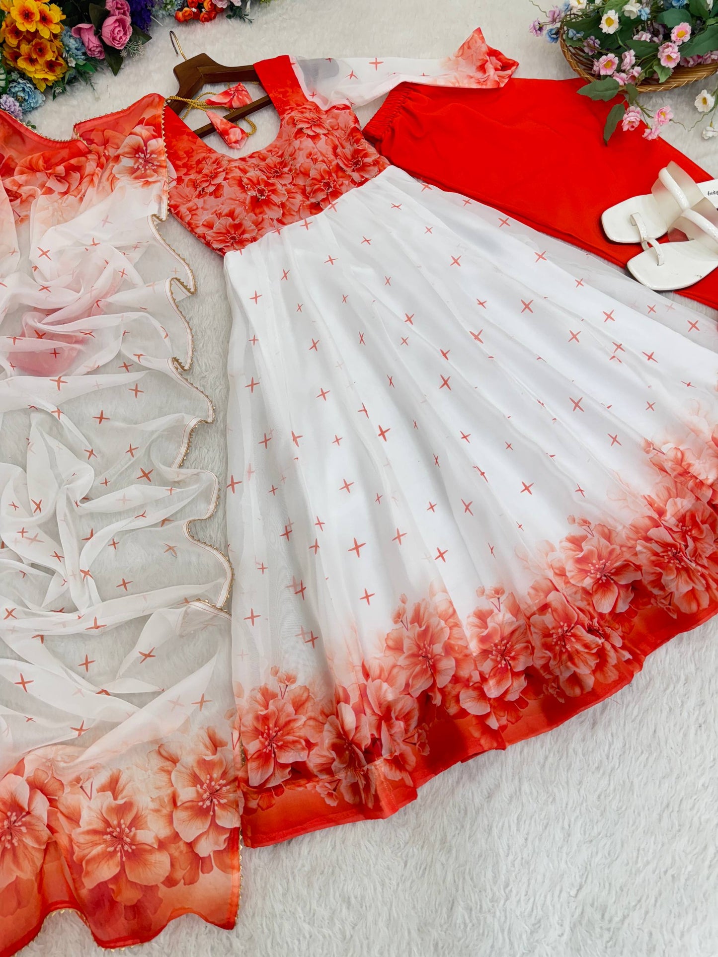 Organza White Festival Wear Digital Print Work Readymade Anarkali Gown 385970