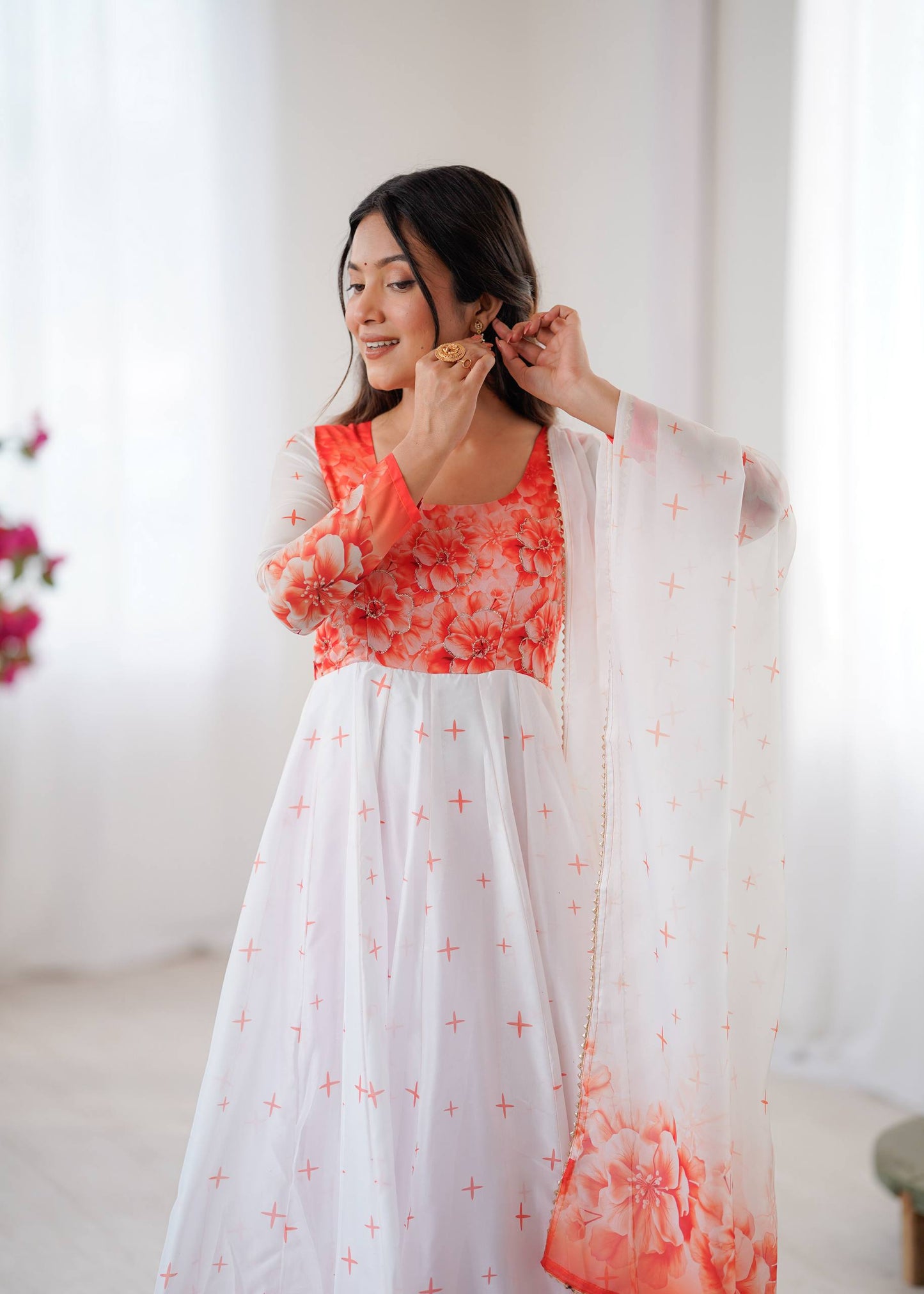 Organza White Festival Wear Digital Print Work Readymade Anarkali Gown 385970