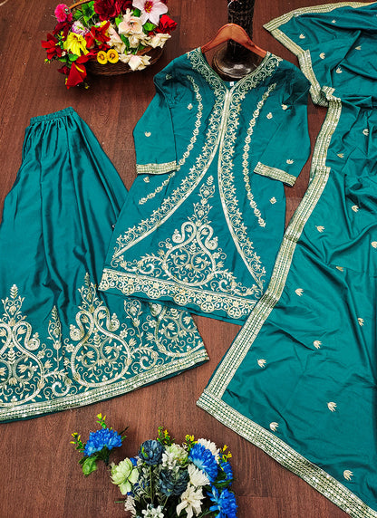 Crepe Teal Green Wedding Wear Embroidery Work Readymade Plazzo Suit 387670