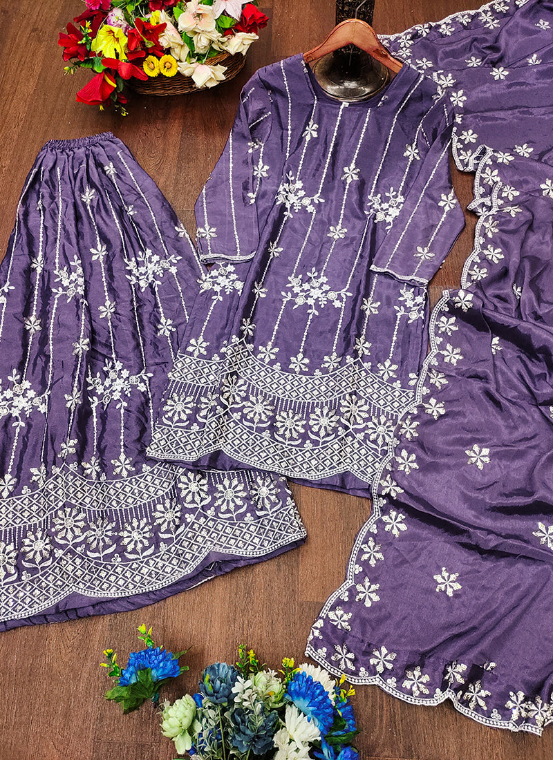 Chinon Purple Wedding Wear Embroidery Work Readymade Plazzo Suit 387669