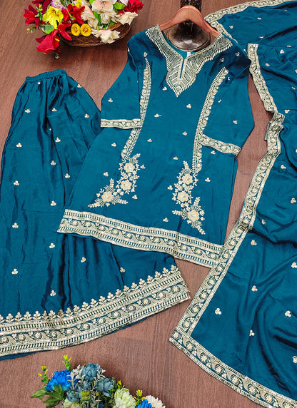Chinon Teal Blue Wedding Wear Embroidery Work Readymade Plazzo Suit 387668