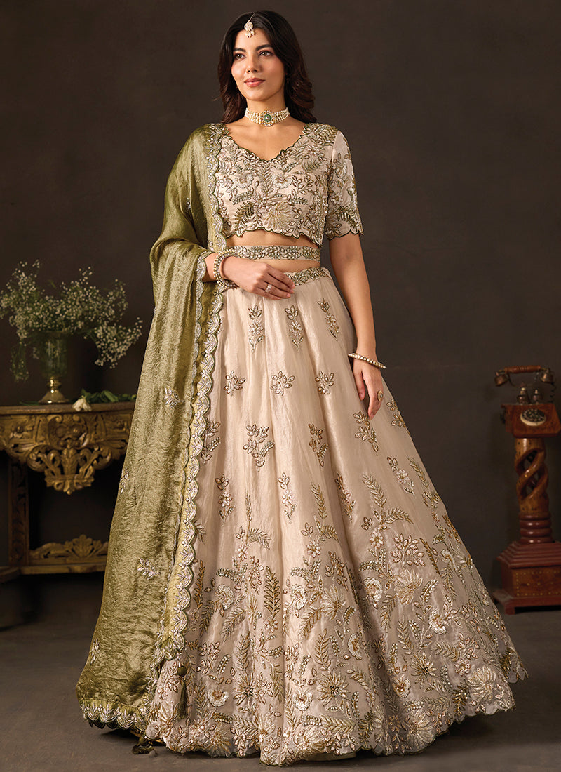 Olive Silk Embroidery Work Festive Wear Lehenga Choli SW406050