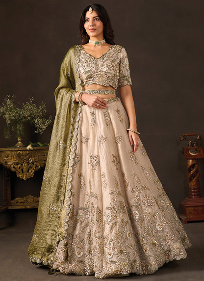 Olive Silk Embroidery Work Festive Wear Lehenga Choli SW406050