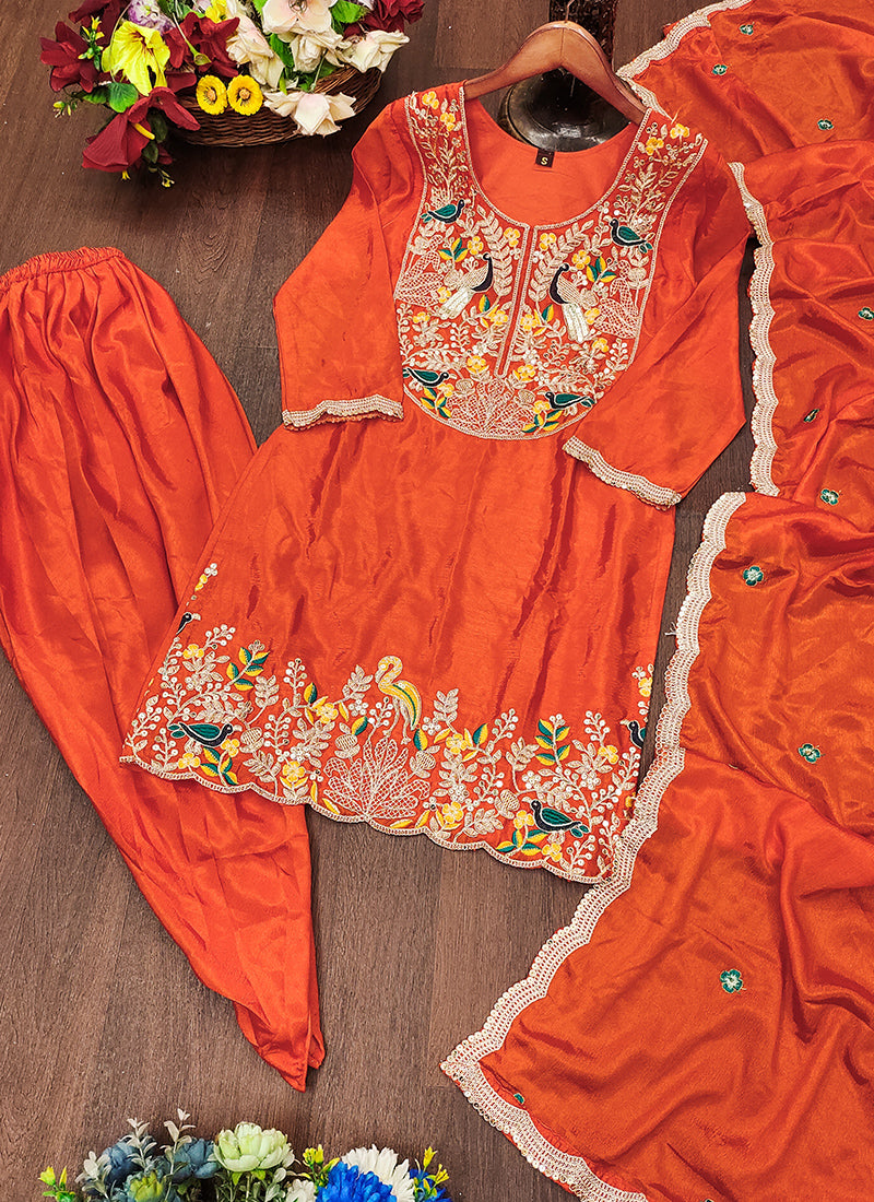 Chinnon Orange Wedding Wear Emroidery Work Readymade Dhoti Suit 384617