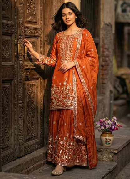 Orange  Jimmy Choo Silk Embroidery Work Occasional Wear Readymade Plazzo Suit SW146548