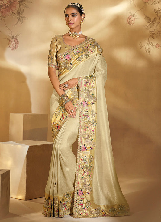 Silk Cream Wedding Wear Embroidery Work Saree 385526