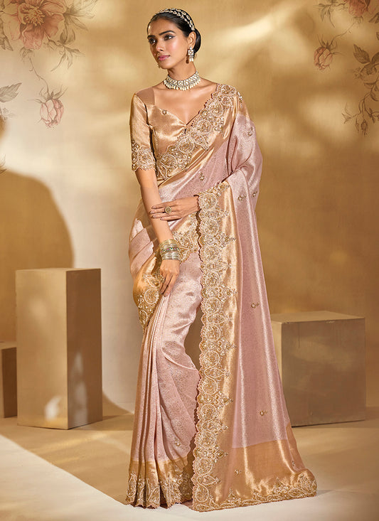 Silk Dusty Pink Wedding Wear Embroidery Work Saree 385527