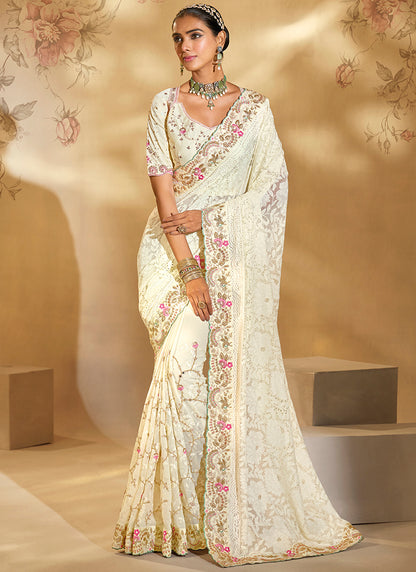 Georgette Off White Wedding Wear Embroidery Work Saree 385533