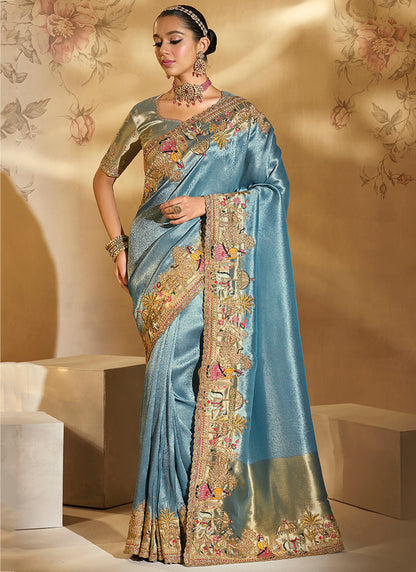 Silk Powder Blue Wedding Wear Embroidery Work Saree 385534