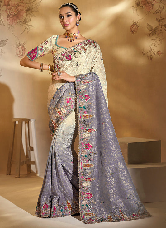 Silk Off White Wedding Wear Embroidery Work Saree 385535