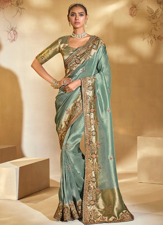 Silk Green Wedding Wear Embroidery Work Saree 385536