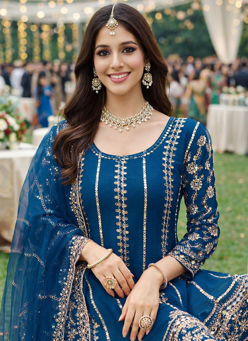 Navy Blue Chinon Embroidery Work Party Wear Readymade Plazzo Suit SW922785