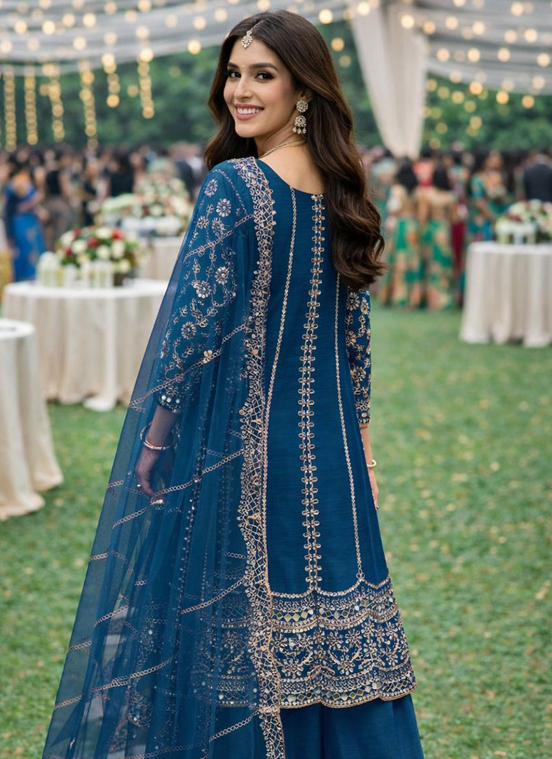 Navy Blue Chinon Embroidery Work Party Wear Readymade Plazzo Suit SW922785