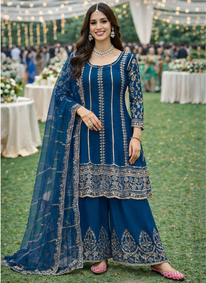 Navy Blue Chinon Embroidery Work Party Wear Readymade Plazzo Suit SW922785