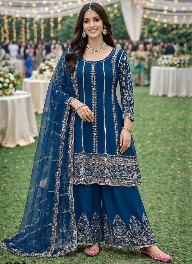 Navy Blue Chinon Embroidery Work Party Wear Readymade Plazzo Suit SW922785