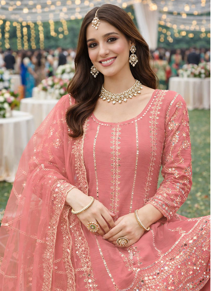 Pink Chinon Embroidery Work Party Wear Readymade Plazzo Suit SW683316