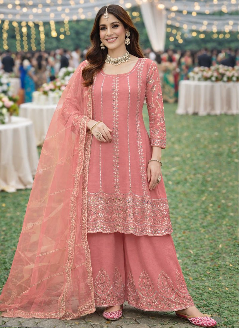 Pink Chinon Embroidery Work Party Wear Readymade Plazzo Suit SW683316