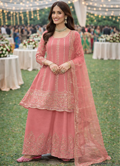 Pink Chinon Embroidery Work Party Wear Readymade Plazzo Suit SW683316