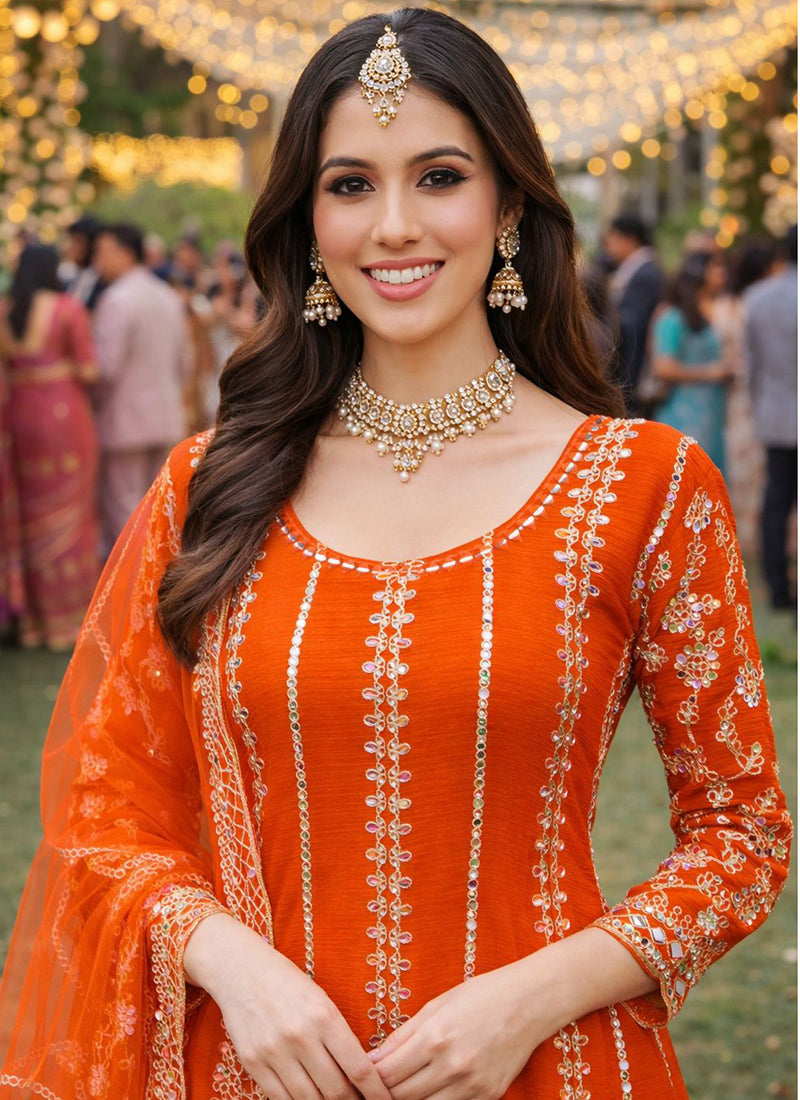 Orange Chinon Embroidery Work Party Wear Readymade Plazzo Suit SW950296