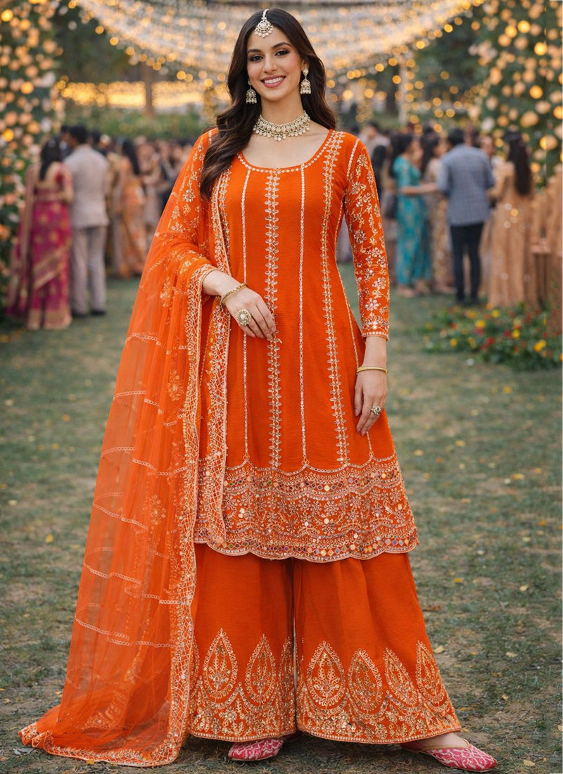 Orange Chinon Embroidery Work Party Wear Readymade Plazzo Suit SW950296