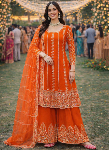 Orange Chinon Embroidery Work Party Wear Readymade Plazzo Suit SW950296