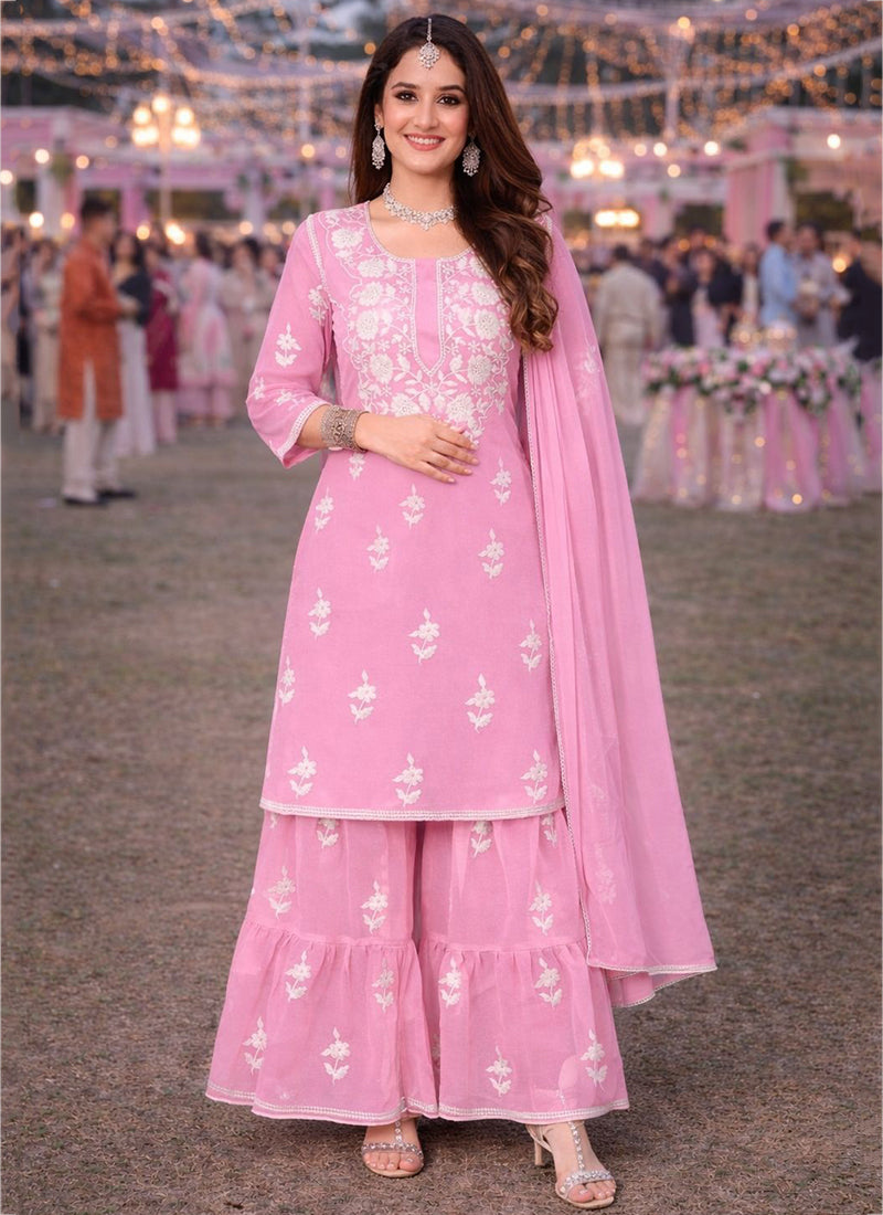 Pink Georgette Thread Work Occasional Wear Readymade Sharara Suit SW459467