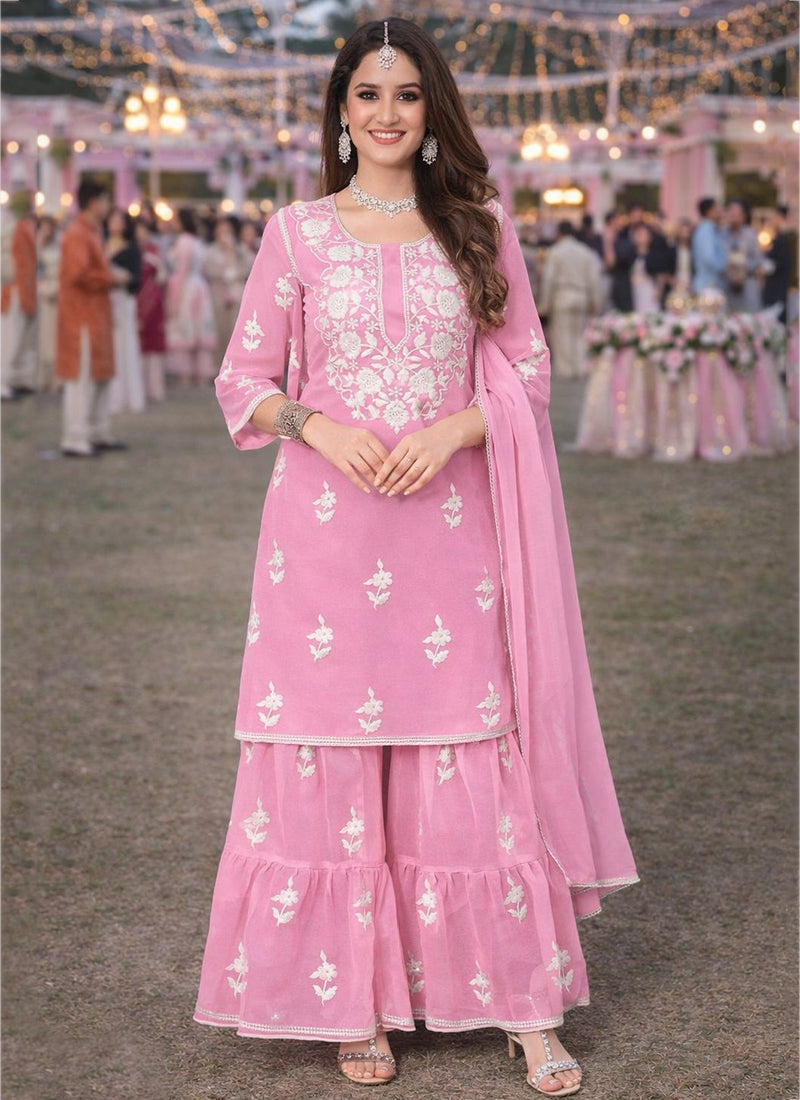 Pink Georgette Thread Work Occasional Wear Readymade Sharara Suit SW459467