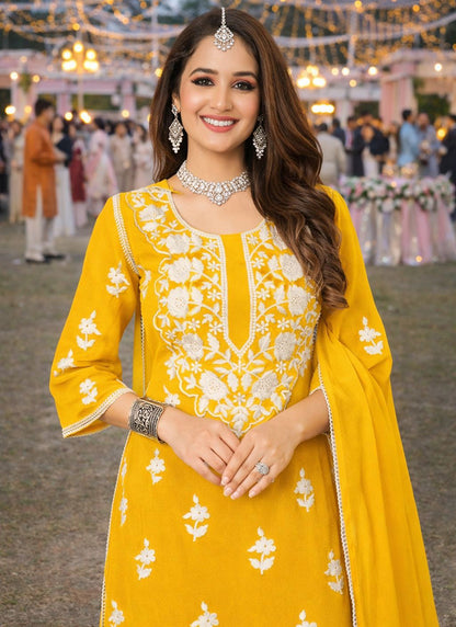 Yellow Georgette Thread Work Occasional Wear Readymade Sharara Suit SW273364