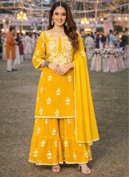Yellow Georgette Thread Work Occasional Wear Readymade Sharara Suit SW273364