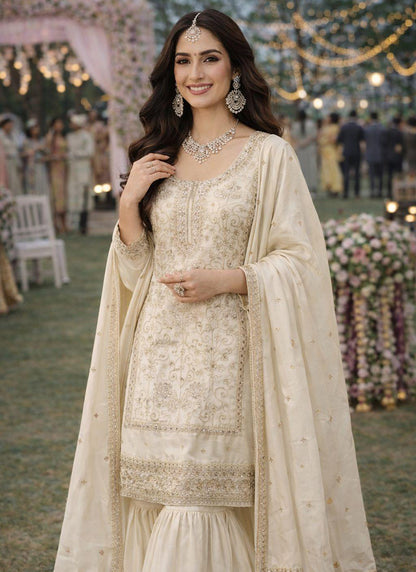 Off White Silk Embroidery Work Eid Wear Readymade Sharara Suit SW211190