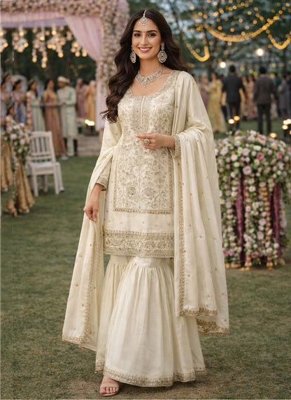 Off White Silk Embroidery Work Eid Wear Readymade Sharara Suit SW211190