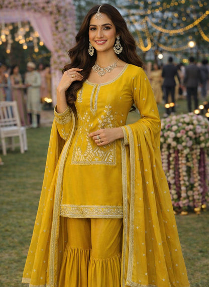 Mustard Silk Embroidery Work Eid Wear Readymade Sharara Suit SW487384