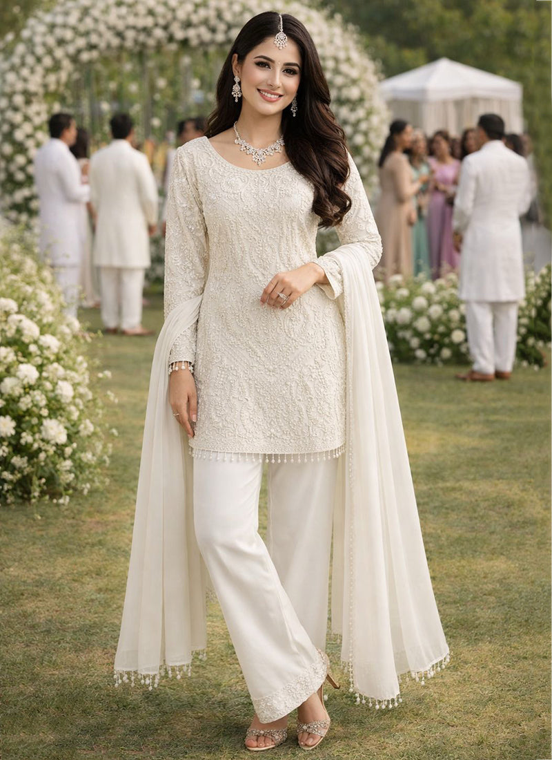 Off White Georgette Embroidery Work Party Wear Readymade Plazzo Suit SW358018