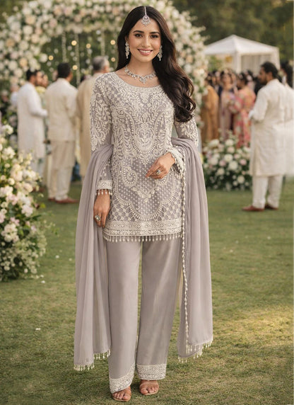 Grey Georgette Embroidery Work Party Wear Readymade Plazzo Suit SW841114