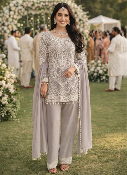 Grey Georgette Embroidery Work Party Wear Readymade Plazzo Suit SW841114