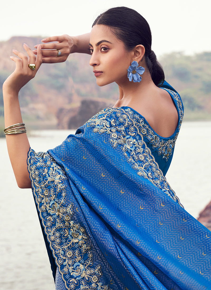 Silk Royal Blue Wedding Wear Embroidery Work Saree 386790