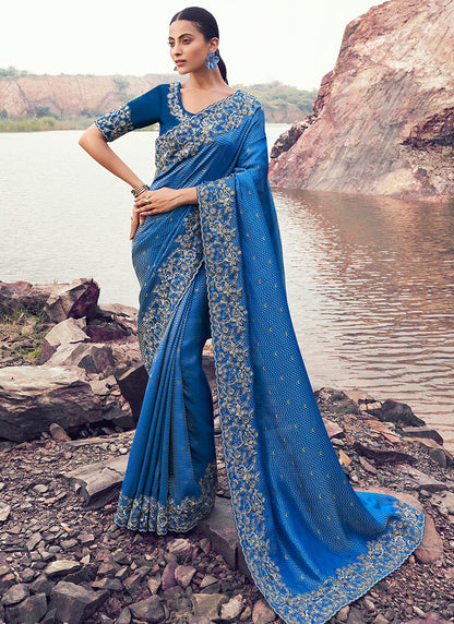 Silk Royal Blue Wedding Wear Embroidery Work Saree 386790