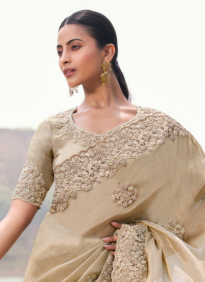 Silk Cream Wedding Wear Embroidery Work Saree 386791