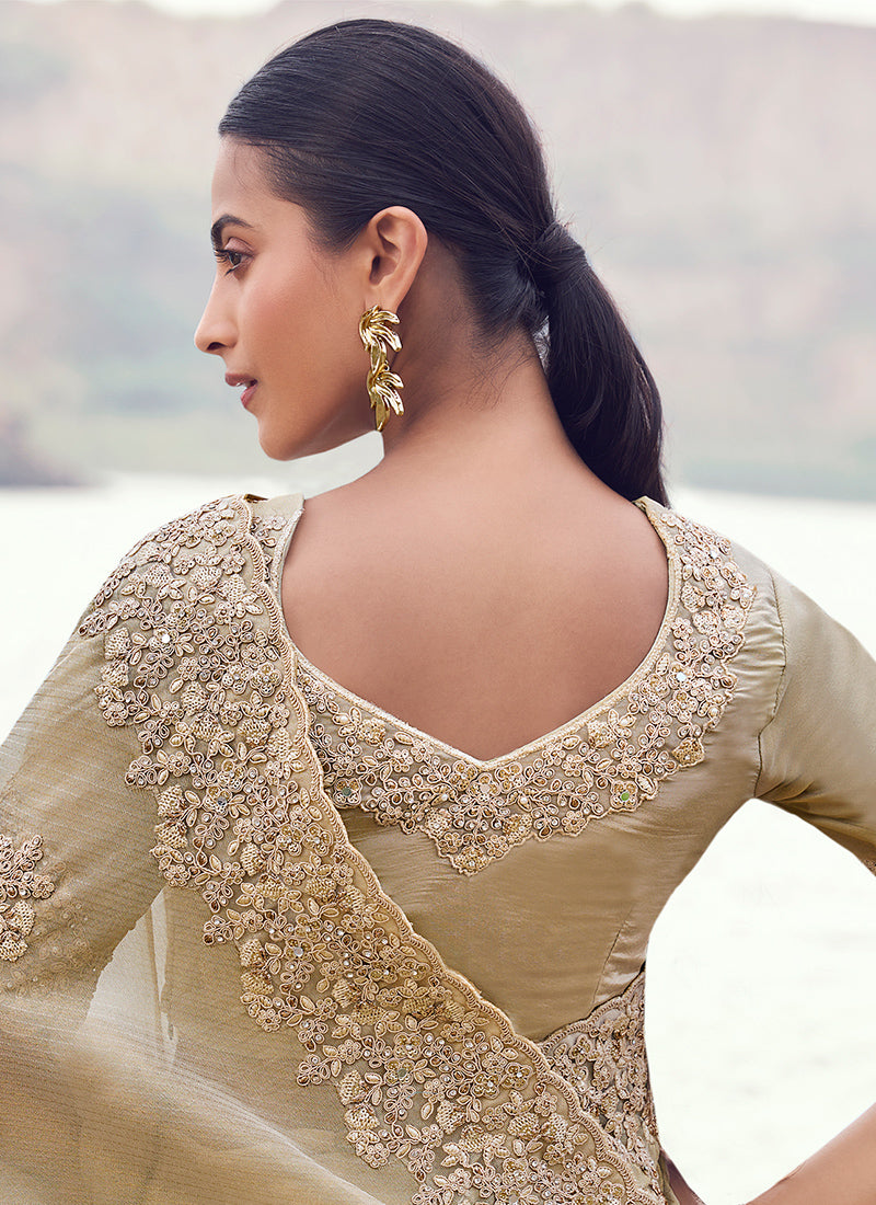 Silk Cream Wedding Wear Embroidery Work Saree 386791