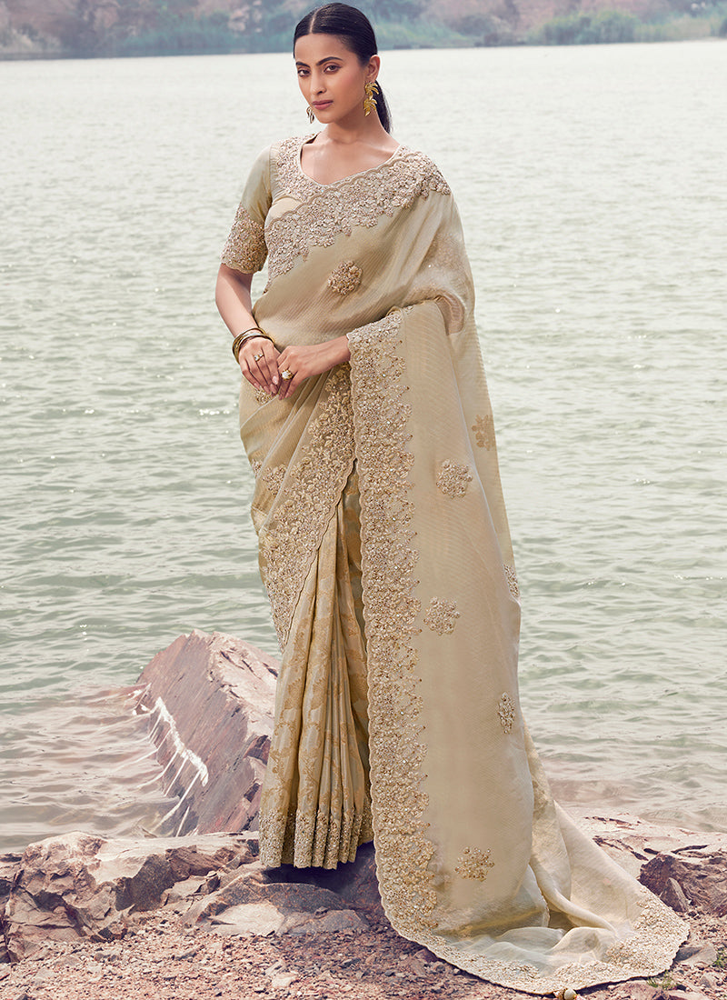 Silk Cream Wedding Wear Embroidery Work Saree 386791