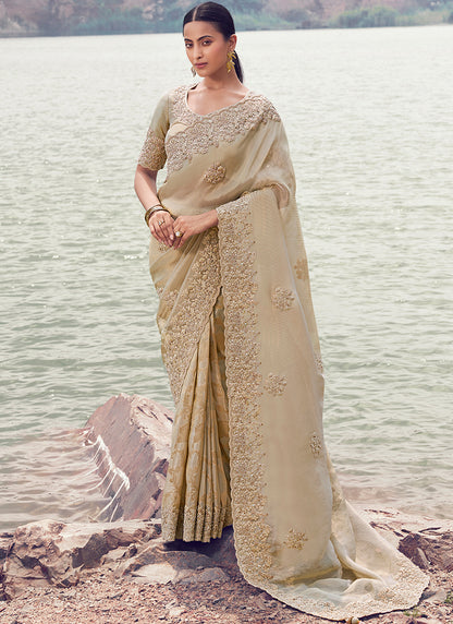 Silk Cream Wedding Wear Embroidery Work Saree 386791