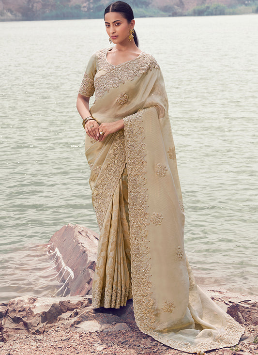 Silk Cream Wedding Wear Embroidery Work Saree 386791