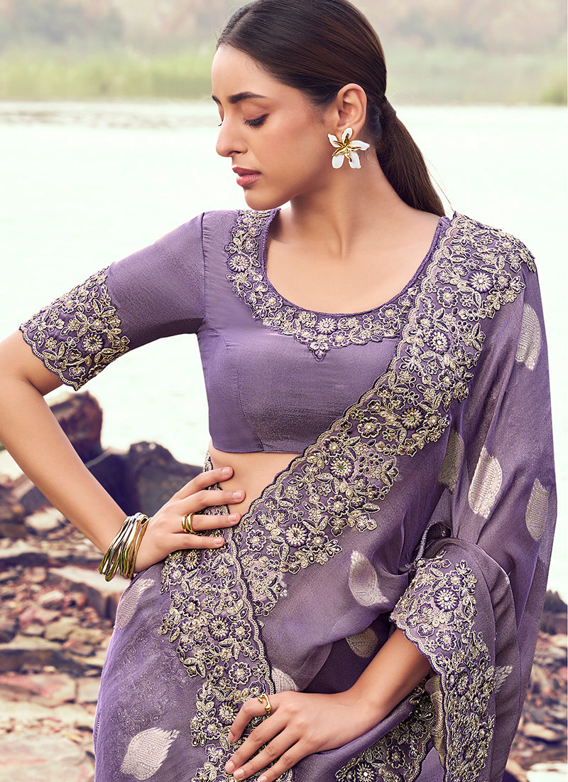 Silk Lavender Wedding Wear Embroidery Work Saree 386792