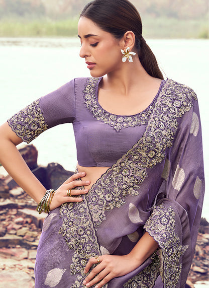 Silk Lavender Wedding Wear Embroidery Work Saree 386792